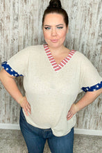 Load image into Gallery viewer, Oatmeal Patriotic V Neck Banded Short Sleeve Top
