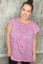 Load image into Gallery viewer, Fuchsia Floral Yoke Ruffle Short Sleeve Top
