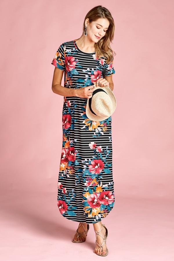 Subtly Striped Floral Maxi Dress