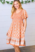 Load image into Gallery viewer, Apricot Paisley Fit and Flare Smocked Midi Dress
