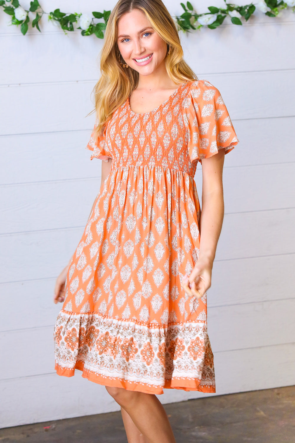 Apricot Paisley Fit and Flare Smocked Midi Dress