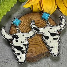 Load image into Gallery viewer, Southwestern Blk/White Cowhide &amp; Stone Bling Dangle Earrings
