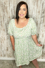 Load image into Gallery viewer, Mint Floral Print Puff Sleeve Pocketed Knit Dress
