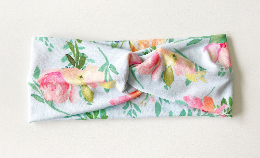 Button headband - aqua floral