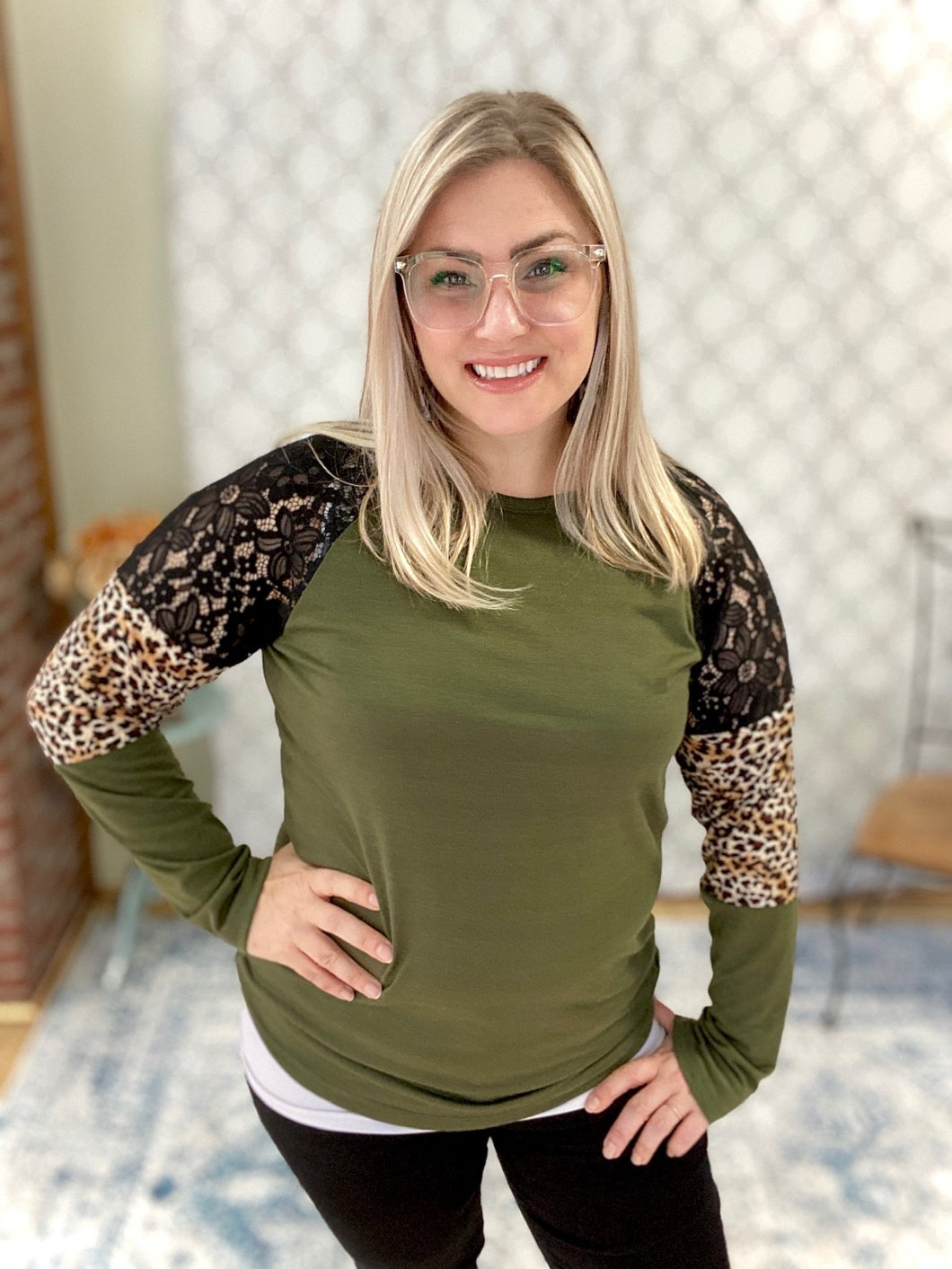 Leopard & Lace Top in Olive