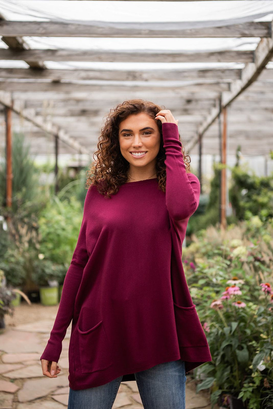 Get Comfortable Double Pocket Sweater- Wine